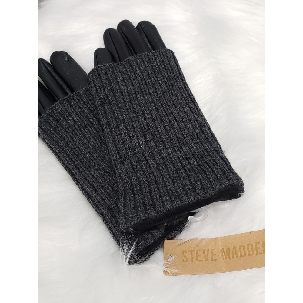 NEW Steve Madden Gloves BLACK MIXED MEDIA FAUX LEATHER KNIT LAYERED DRIVING